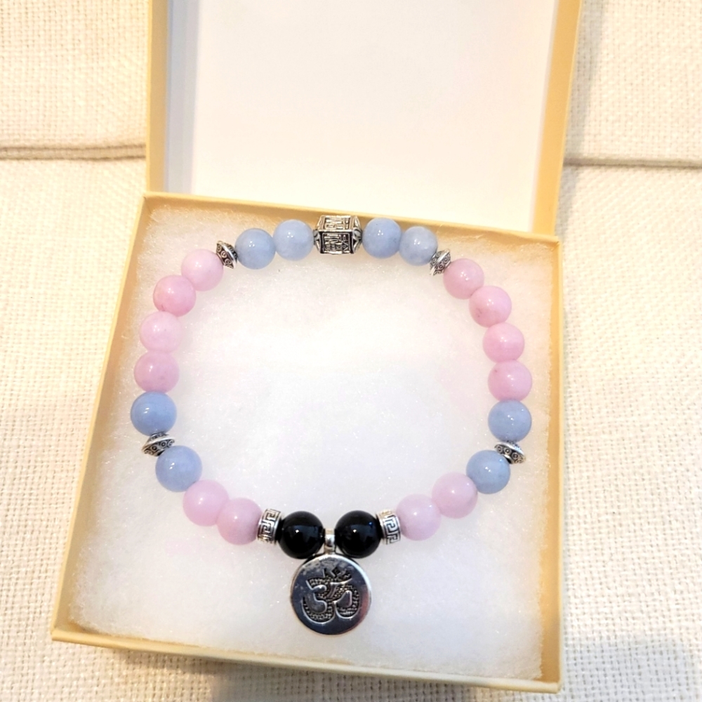 Rose Pink Quartz, Blue Aquamarine, Black Onyx with Om Symbol 🕉 Bracelet
